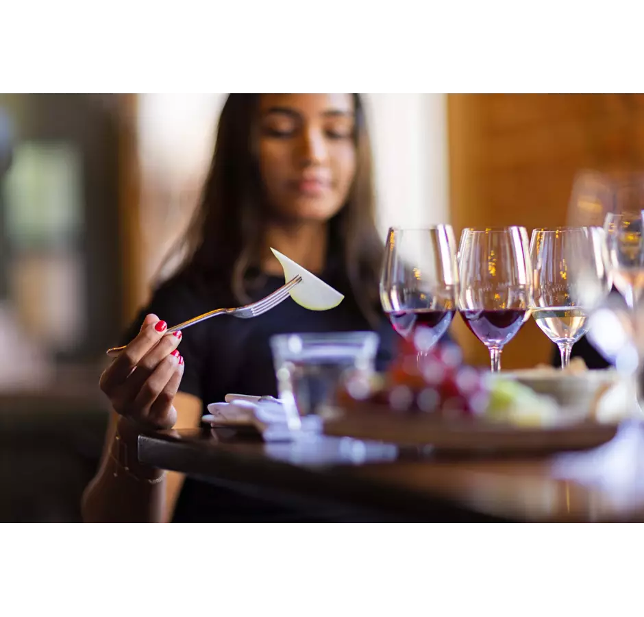 Lady With Wine Glasses and Pear